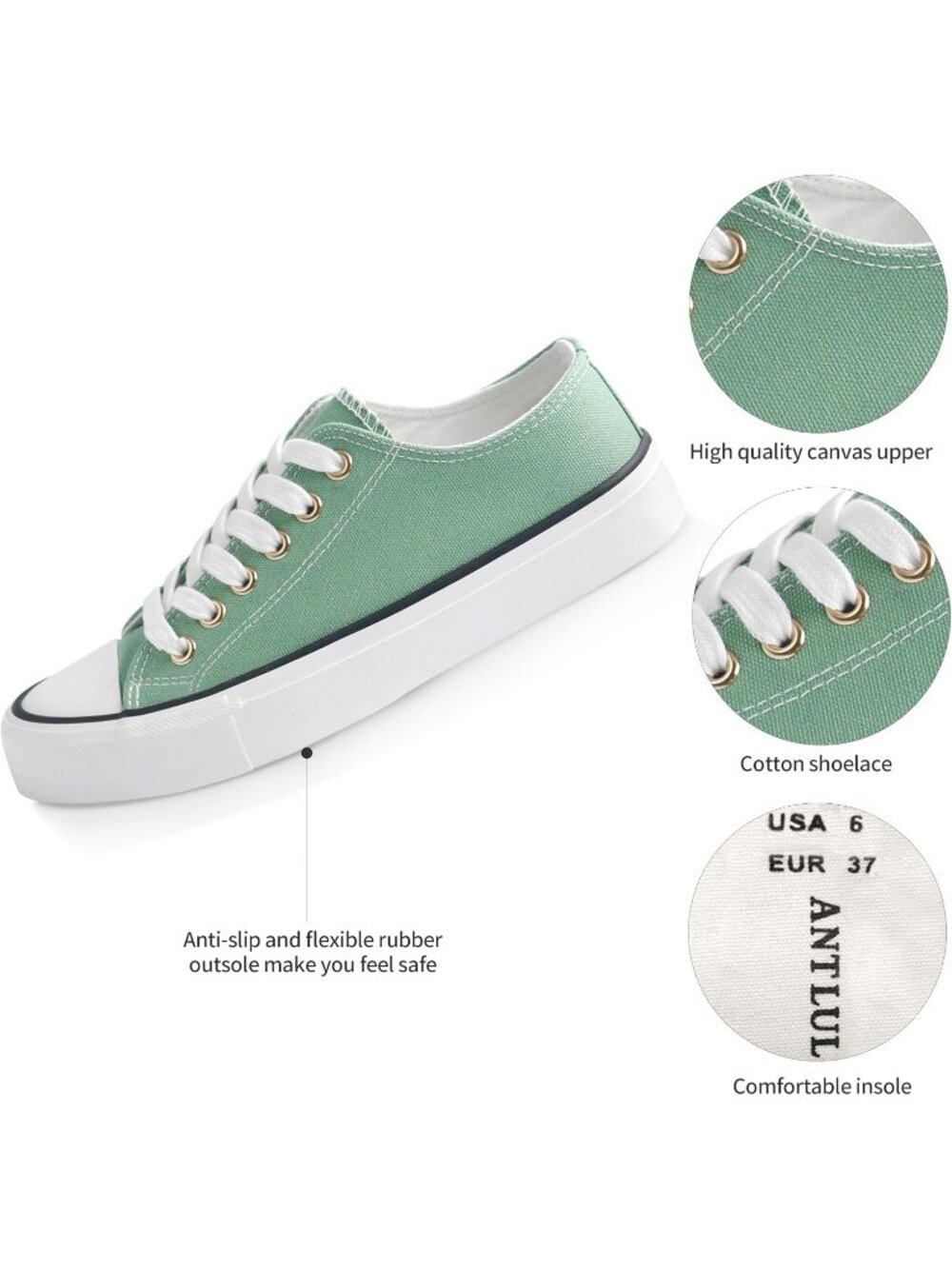 Women's Green Canvas Low Top and Lace up Fashion Classic Flexible Sneakers - Picture 4 of 6